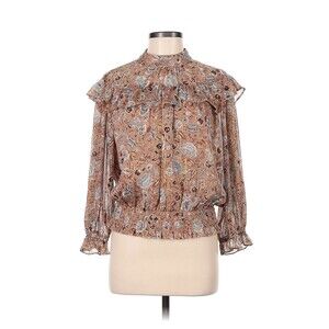Women’s Petite Ann Taylor floral metallic semi sheer long sleeve blouse workwear